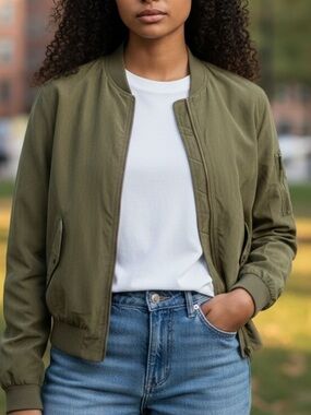 Renvy Olive Bomber Jacket with Ribbed Trim